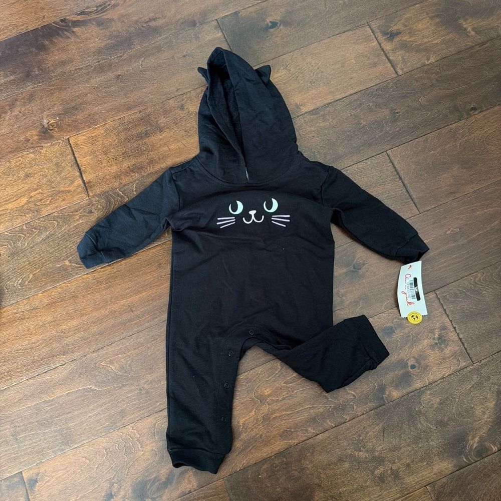 Cat & Jack Baby 12 M Black Cat Hooded Jumpsuit Romper with Ears NWT Halloween